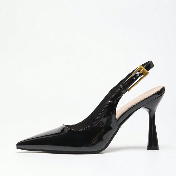 Black Elegant Women's High Heel Pointed Toe Button Lacquered Leather Slingback P - Picture 4 of 6